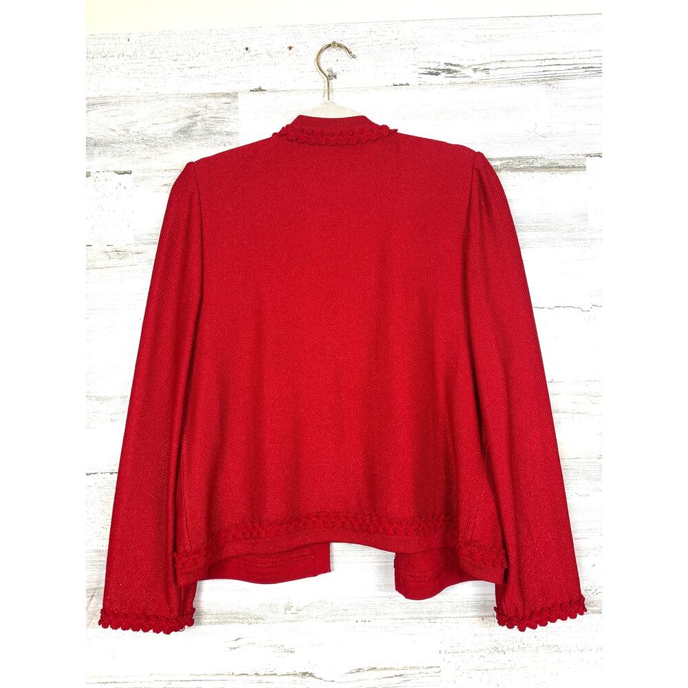 St. John Womens 10 Red Knit Wool Crochet Zip Front Designer Crochet Jacket NEW - Picture 2 of 9